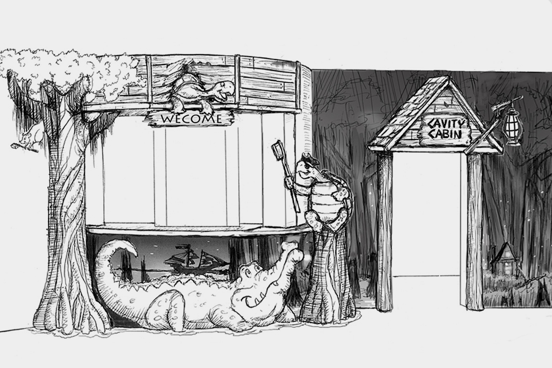 Black and white sketching design of bayou reception desk project
