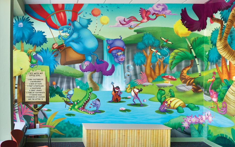 Dental office treatment room I Spy game wall mural of a Dr. Seuss landscape.