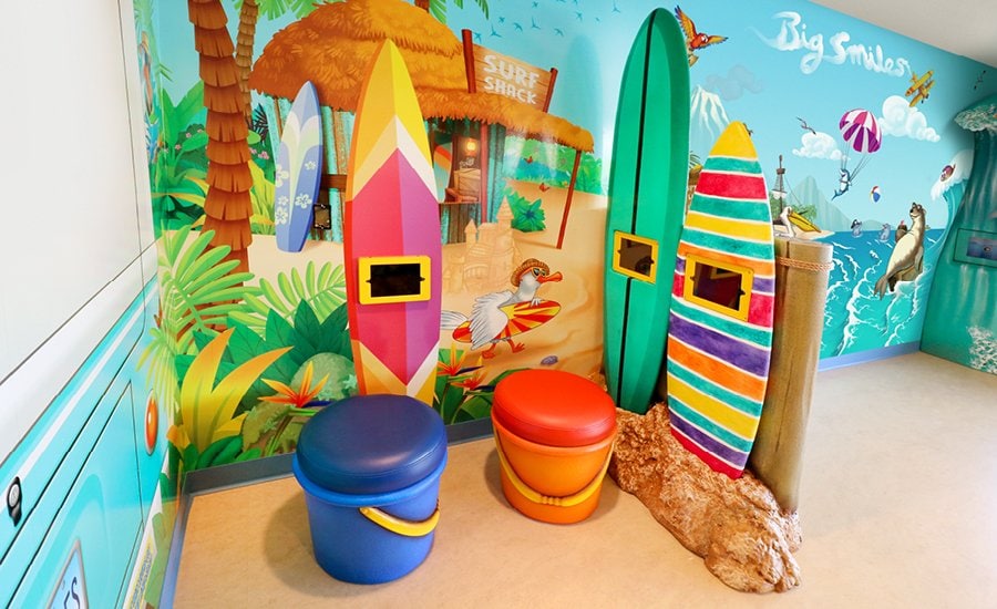Beach themed kid's gaming area with colorful wall murals, sand bucket shaped stools and sculpted sand wood pier and surfboard room divider with gaming pads installed onto the surfboards.