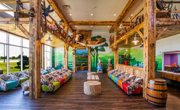 Overview photo of barn animal themed waiting area including 3D sculpted horse in a hammock, cows, pigs and chickens in wood barn loft rafters