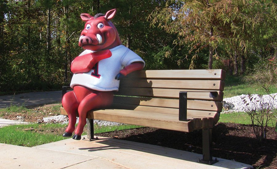 warthog with a sports jersey and foam finger photo op bench