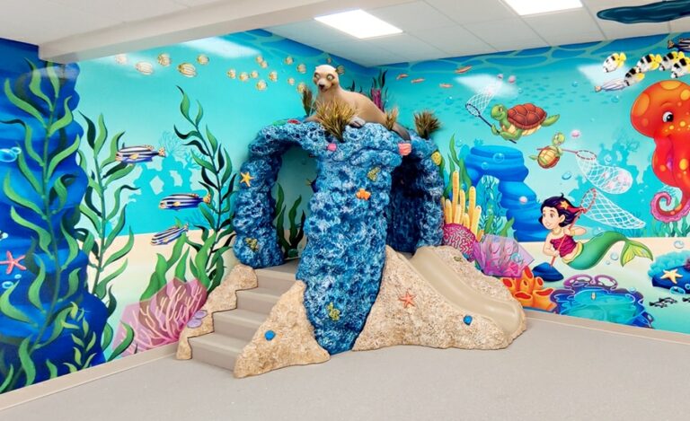 Coral themed play slide with sculpted seal on top set against underwater themed wall murals.