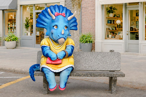 ABlue dinosaur character sitting beside a bench in downtown Drumheller, Alberta