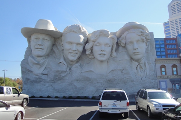 Close-up exterior shot of the Mount Rushmore Cladding on the outside of the Hollywood Wax Museum.