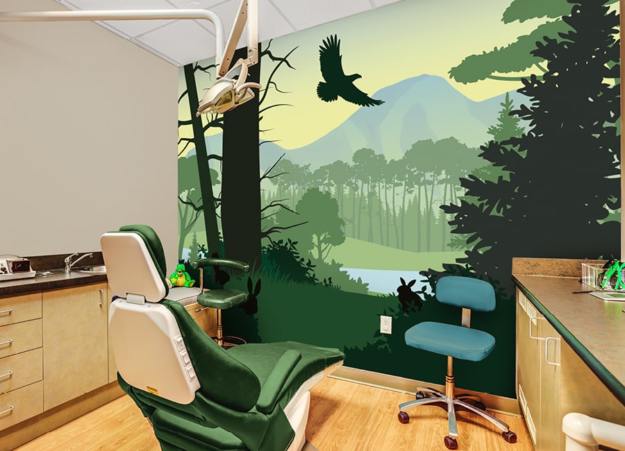 A dental exam room with a green dental chair and stool. The wall features a nature-themed mural with trees, a river, mountains, and a flying bird in silhouette, creating a calming atmosphere perfect for orthodontic visits.