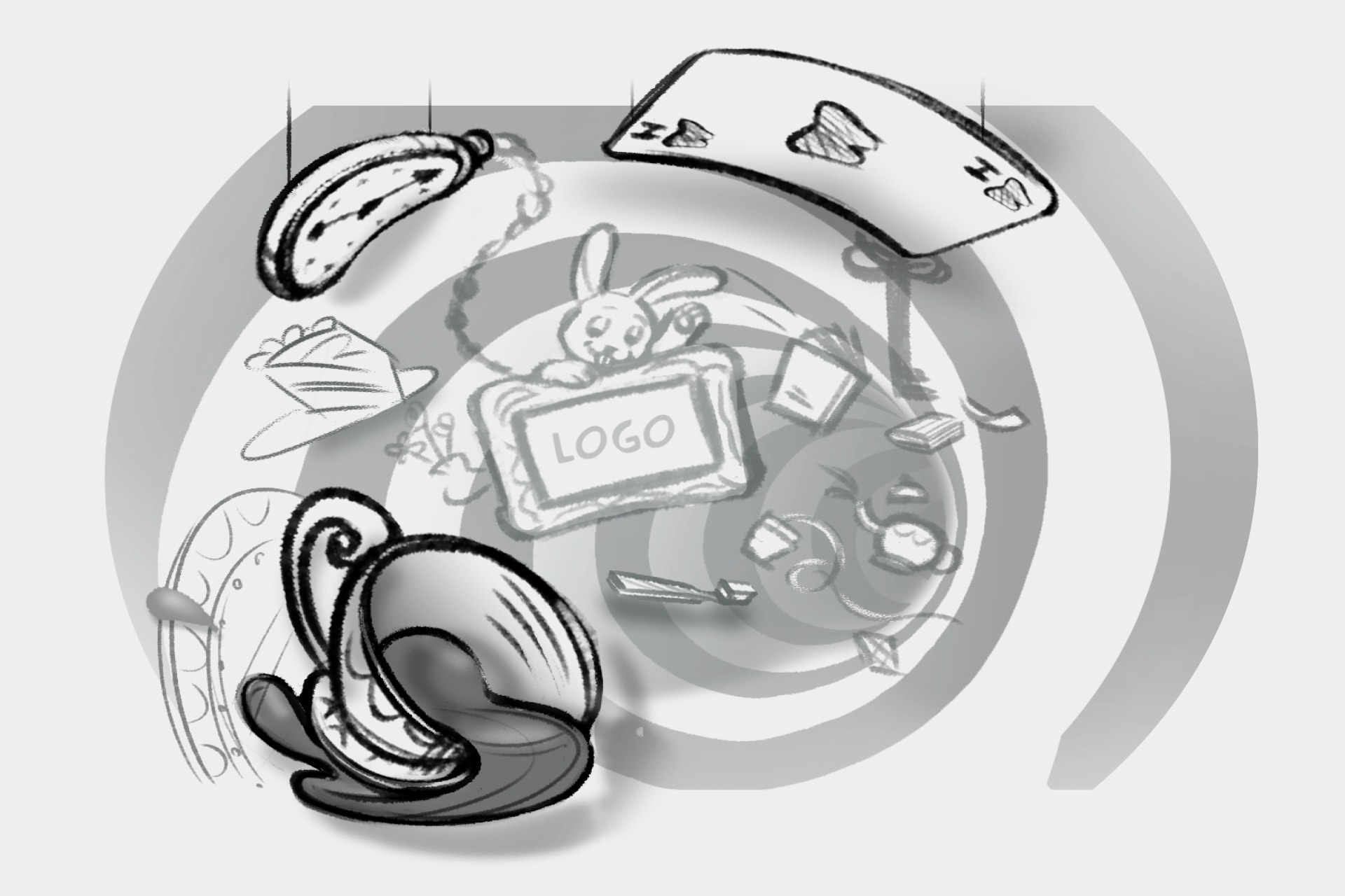 Black and white preliminary sketch depicting Wonderland images and 2D wall mural logo signage