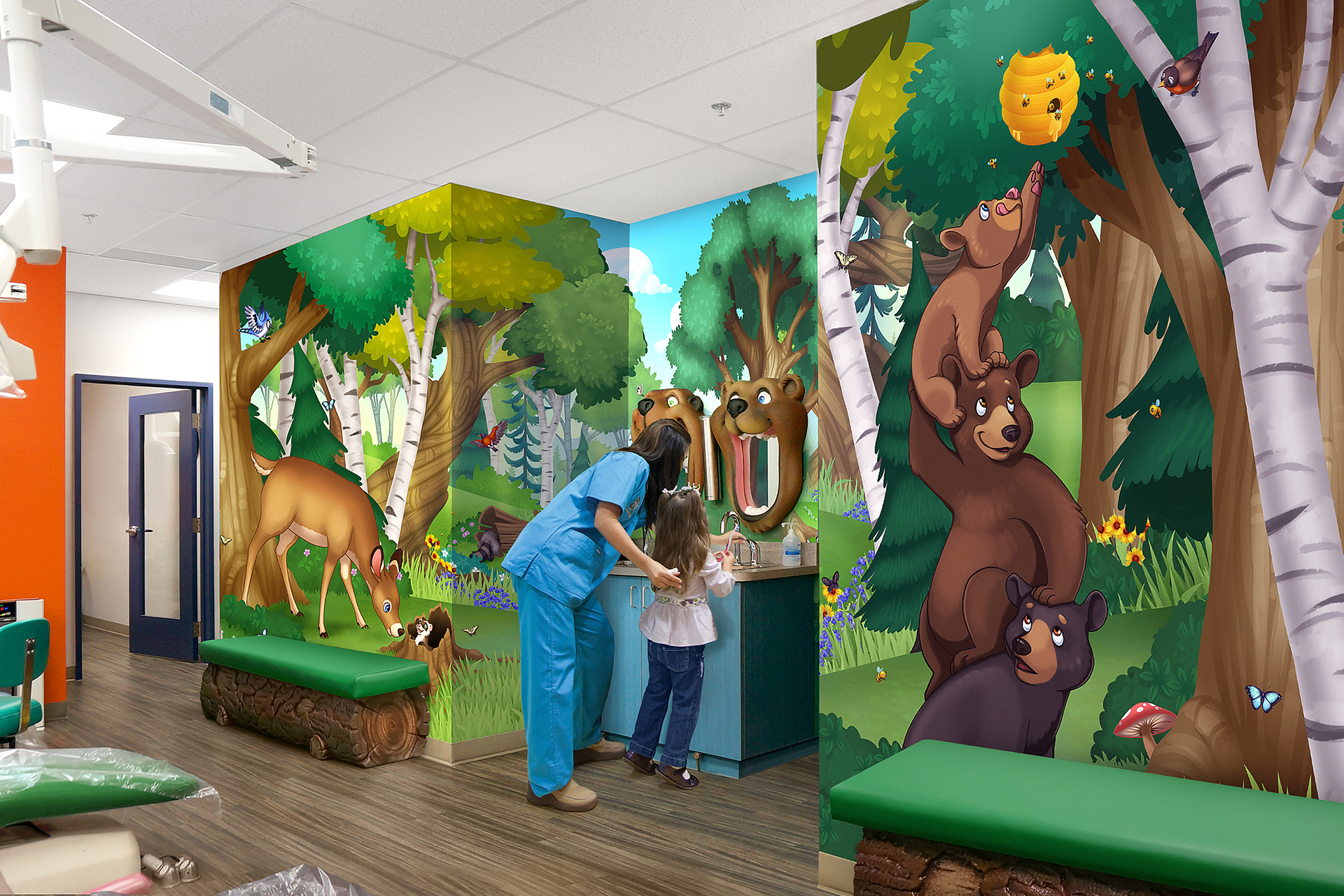 A dentist and young girl stand at a sink in a brightly lit dental clinic, showcasing a themed environment transformation with colorful murals of forest animals—bears, deer, and birds—creating a cheerful, child-friendly atmosphere.