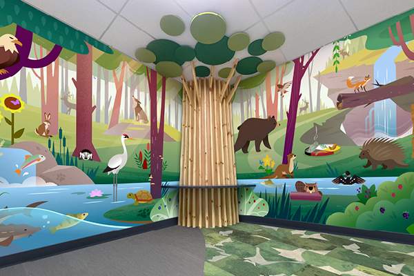 A colorful, forest-themed children's room offers perfect decor for children's hospital spaces, featuring wall murals of woodland animals, a stream, and trees. A wooden tree structure and green details create a playful, healing environment.