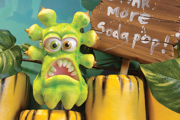 A cartoonish green sugar bug monster with bulging eyes and sharp teeth stands among yellow bamboo and leaves, next to a wooden sign that says "Drink More Soda Pop!" Decor for a dental office.
