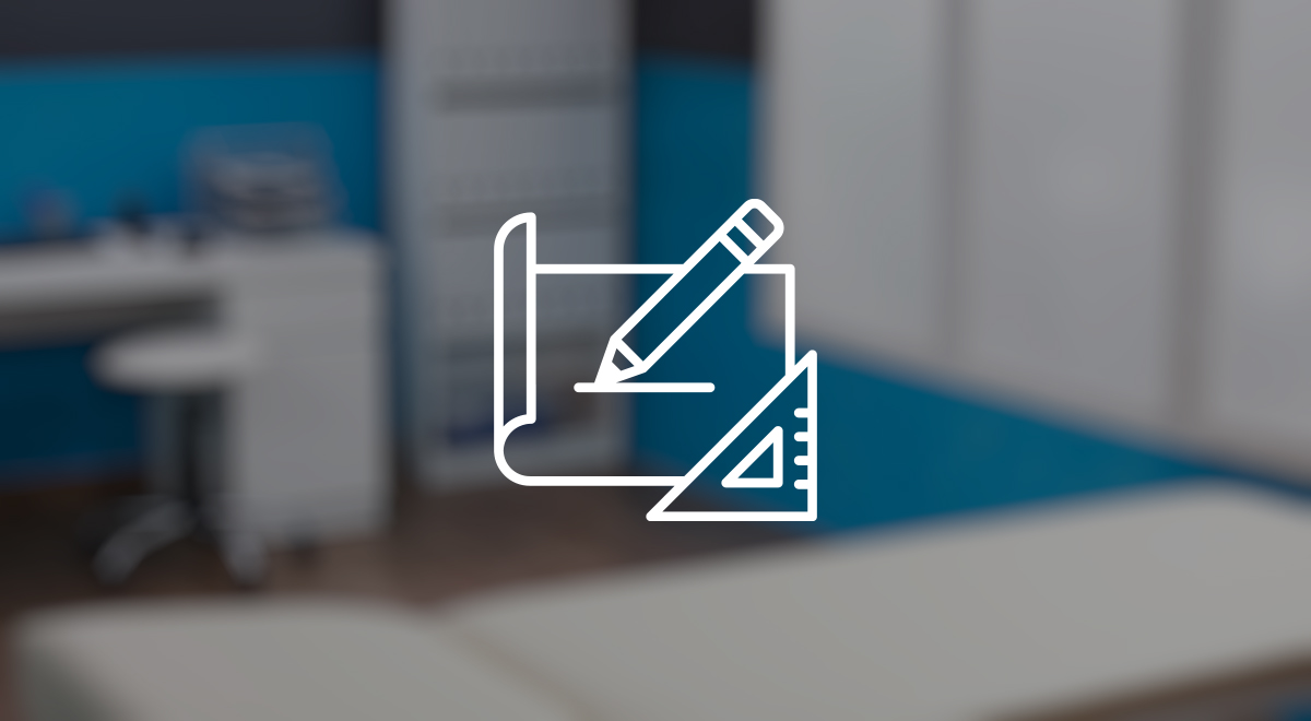 A blurred office background with an overlay of a white icon showing a pencil drawing on paper next to a triangular ruler, evoking elements of exam room design.