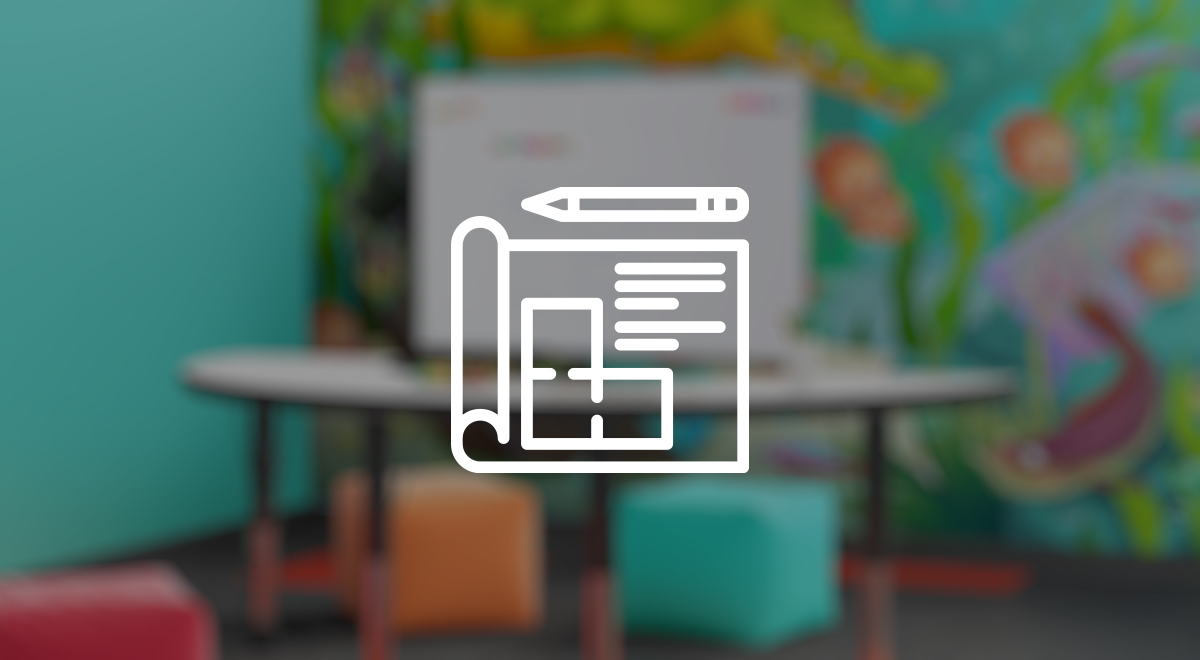 A colorful speech therapy room with a whiteboard, vibrant wall mural, and soft cube seats; an overlay of a white icon showing a pencil, paper, and architectural plan is centered in the image.