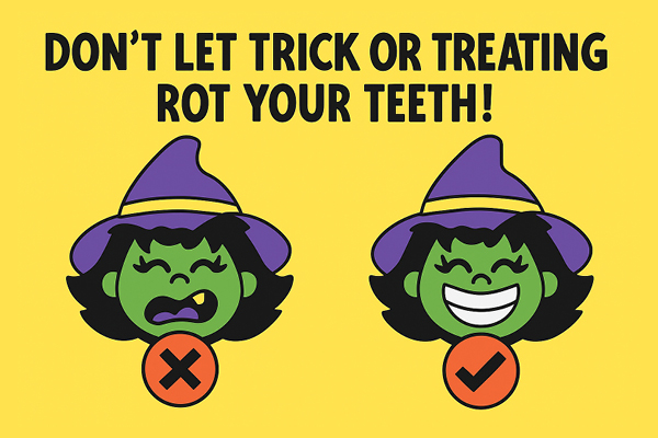 Illustration of a witch with green skin. Left: frowning witch with an X. Right: smiling witch with healthy teeth and a checkmark. Text reads, “Don’t let trick or treating rot your teeth!”.