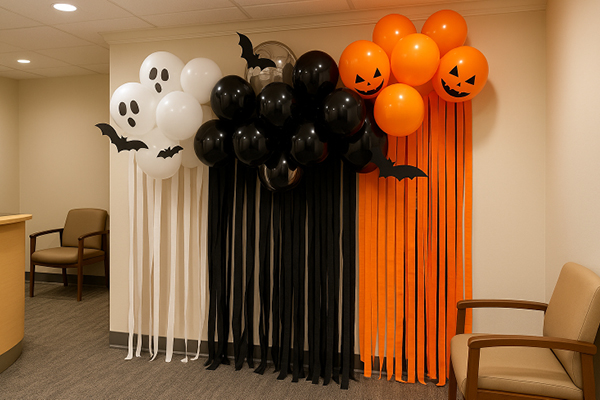 A Halloween-themed office corner decorated with white ghost balloons, black bat balloons, orange jack-o’-lantern balloons, and matching streamers hanging from the balloons. There are chairs and a desk nearby.