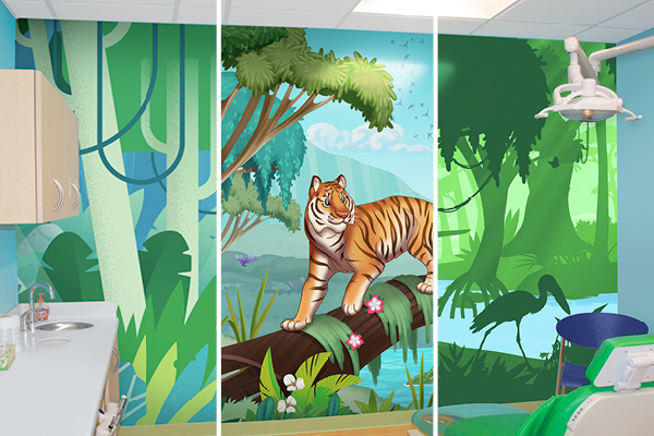 A colorful dental office room decorated with murals of a jungle scene, featuring a tiger on a log, trees, flowers, and a river, along with dental equipment in the foreground.