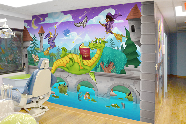 A dentist’s office with a vibrant mural of a green dragon reading a book on a stone bridge, wizards flying on broomsticks, birds, and a river with frogs, set in a whimsical fairytale landscape.