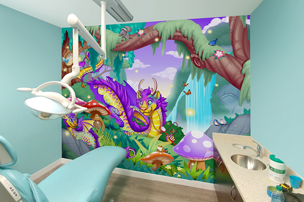 A cheerful pediatric dentist office features a colorful mural with a friendly purple dragon, lush greenery, flowers, a waterfall, and cartoon birds. A dental chair and sink are in the foreground.