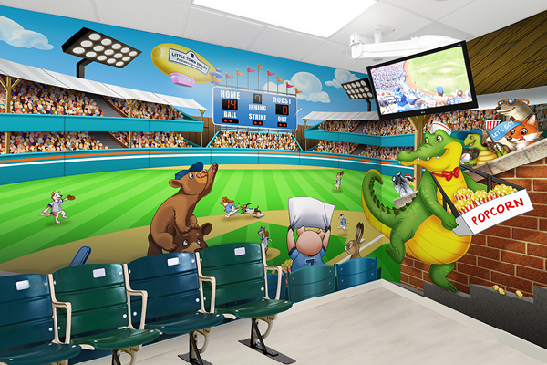 A colorful mural in a waiting room depicts a lively baseball game with cartoon animals, including a bear, alligator selling popcorn, and fans. Stadium chairs face the mural, and a TV displays a real baseball game.