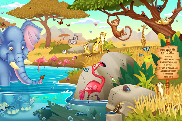 A colorful cartoon scene of African wildlife by a waterhole, featuring an elephant, flamingos, monkeys, cheetahs, butterflies, birds, reptiles, and insects, with a sign listing animals to find in the picture.