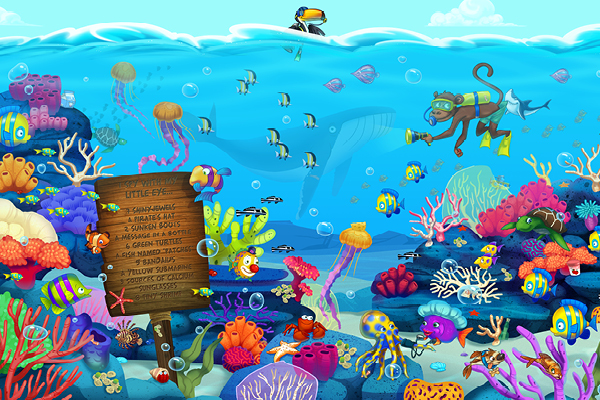 A vibrant underwater scene with colorful fish, corals, a diver, a snorkeler, jellyfish, a hidden shark, and a wooden sign listing sea animals. The ocean floor is teeming with marine life and bubbles.