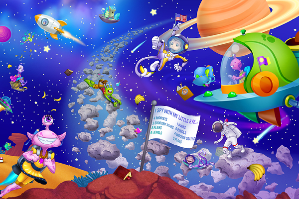 Colorful cartoon scene of outer space with astronauts, aliens, spaceships, floating animals, and a “I Spy” sign among asteroids and planets; playful and whimsical atmosphere with many details scattered throughout.