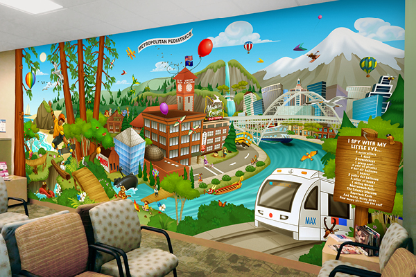 A colorful mural in a waiting room features a whimsical cityscape with a river, bridge, train, trees, mountains, animals, and playful details. Armchairs face the mural, creating a welcoming, child-friendly atmosphere.