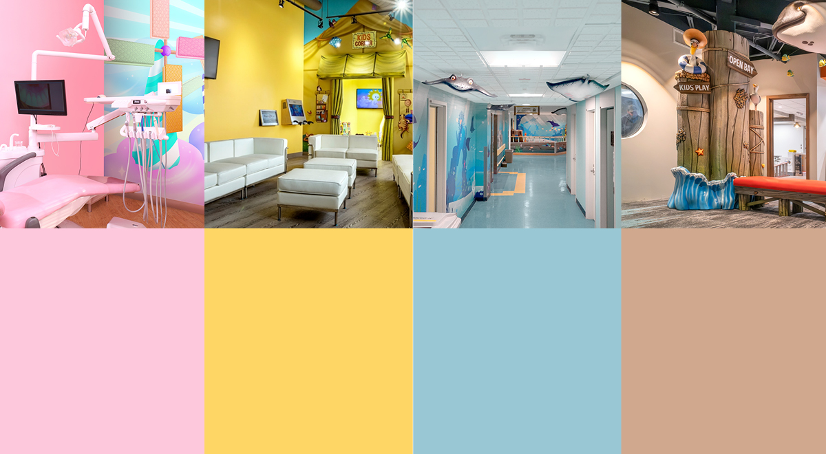 A collage shows four colorful childrens dental or medical offices, each with playful, themed decor: a pink dental room, a yellow waiting area, a blue hallway with sea decor, and a tan room with a whimsical kids’ play area.