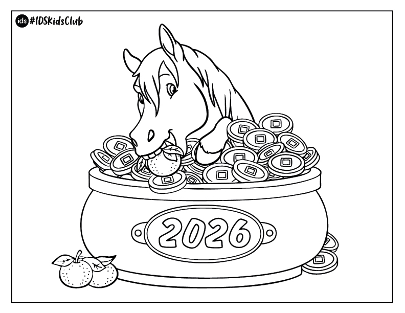 A horse eating an orange stands behind a large pot filled with coins and oranges. The pot has 2026 written on it, and two more oranges lie on the ground beside it.