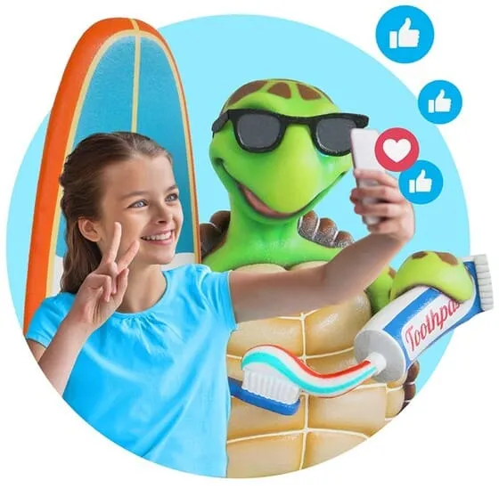 Child taking a selfie in a brightly themed pediatric waiting area.