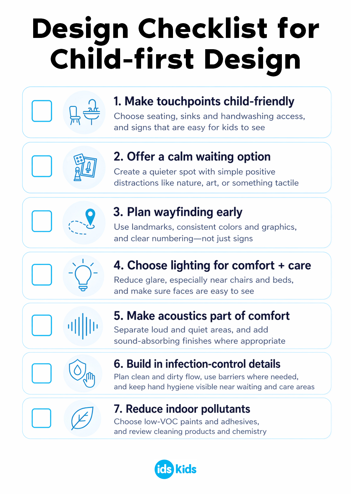 An infographic titled Design Checklist for Child-first Design lists 7 pediatric office design tips, including making touchpoints child-friendly, offering a calm waiting option, and focusing on acoustics, infection control, and easy-to-clean surfaces.
