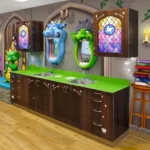 A colorful pediatric dental office showcases a themed environment transformation, featuring cartoon dragon heads on the walls, green countertops with sinks, and whimsical castle-themed decor with books, candles, and stained-glass windows.