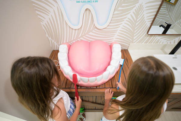 Two children holding toothbrushes practice brushing a large model of teeth and gums placed on a wooden table in a brightly lit room.