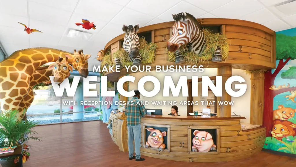 Themed pediatric waiting area with animal decor and welcoming waiting area