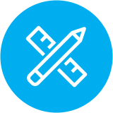White pencil and ruler crossed in an X shape, outlined in the center of a bright blue circle.