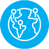 A white outline of a globe with three location pins on different continents, set against a solid blue circular background.