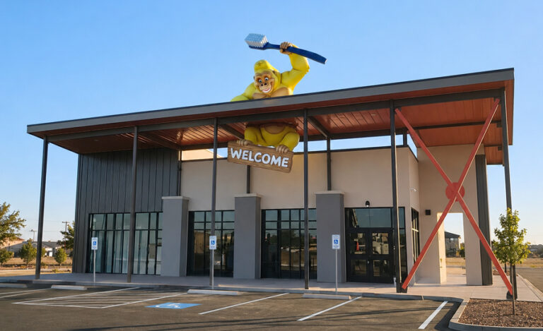 A modern commercial building with a large yellow gorilla statue holding a toothbrush on the roof and a WELCOME sign below it. The parking lot in front has several marked spaces, including accessible spots—ideal for the undersea kids ministry events.