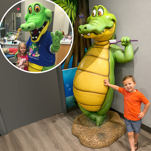 A boy stands next to a large crocodile statue holding a toothbrush, with an inset image of a girl posing with a costumed crocodile mascot as part of the pediatric dental decor.