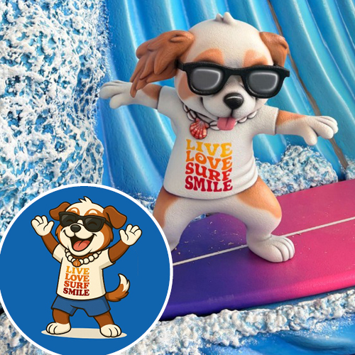 A 3D figurine of a dog wearing sunglasses and a LIVE LOVE SURF SMILE shirt surfing on a wave, shown with a circular illustration of the character, perfect for pediatric dental decor.